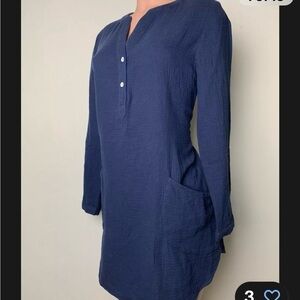 Soft Surroundings Navy Blue Cotton Top Tunic Size S 2 button Long Sleeve V-neck